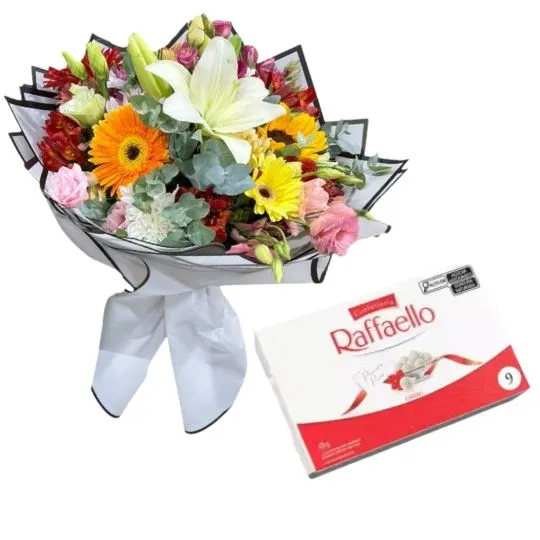 Ramo de flores de estacion holiday con bombones raffaello